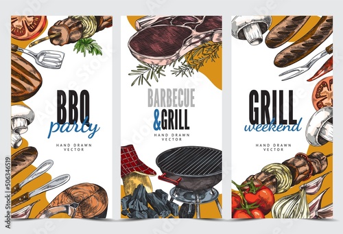 Set of vertical templates for barbecue, grill weekend, vector hand-drawn illustration.