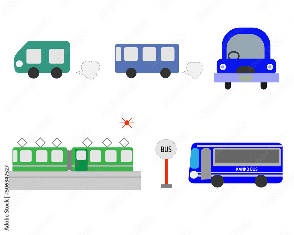 交通乗り物セットイラスト5点・自動車・バス・車・電車・大型バス・自家用車