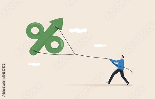 Rising interest rates stock. .Inflation increases the price of consumer goods. Consumer struggles with inflated interest rate balloon.