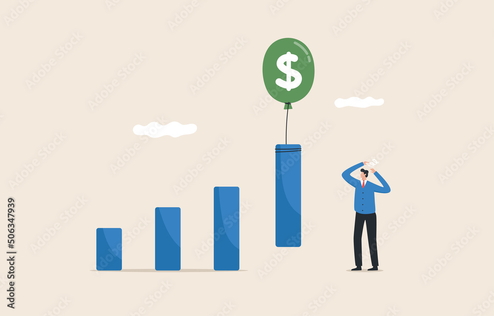 The impact of profits or sales from the inflation crisis. Loss of money or profits.economics..Profit bar chart floats with inflation balloons. The impact of profits or sales from the inflation crisis. Loss of money or profits.economics..Profit bar chart floats with inflation balloons.