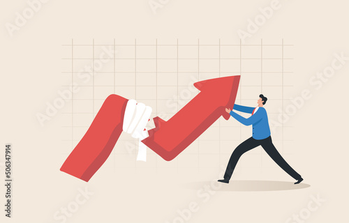 Broken arrow graph, Bankruptcy, economic crisis, loss of income. the revival of the stock market. Businessman trying to push the arrow graph to point up from the stock market crisis.
