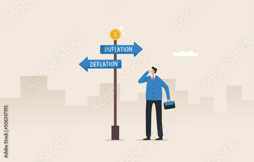 Inflation and deflation signs with confused business people. Street sign with arrows pointing two opposite directions towards