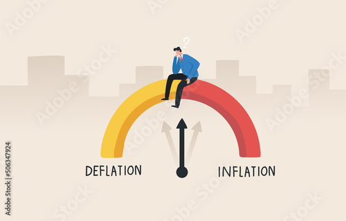 Deflation and inflation gauge. Finding a financial and economic balance. Risk management of the economic crisis. .A businessman sits on a money meter to assess economic risks.