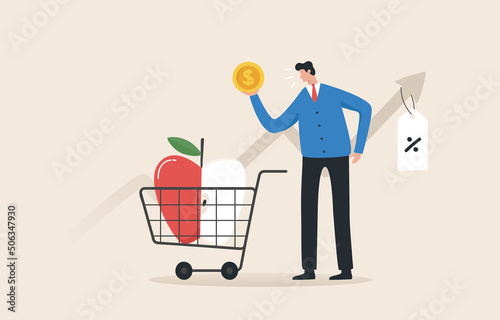 inflation and deflation concept. Increase in the price of goods, the effect of inflation causes the price of consumer goods to rise accordingly. .higher production cost.