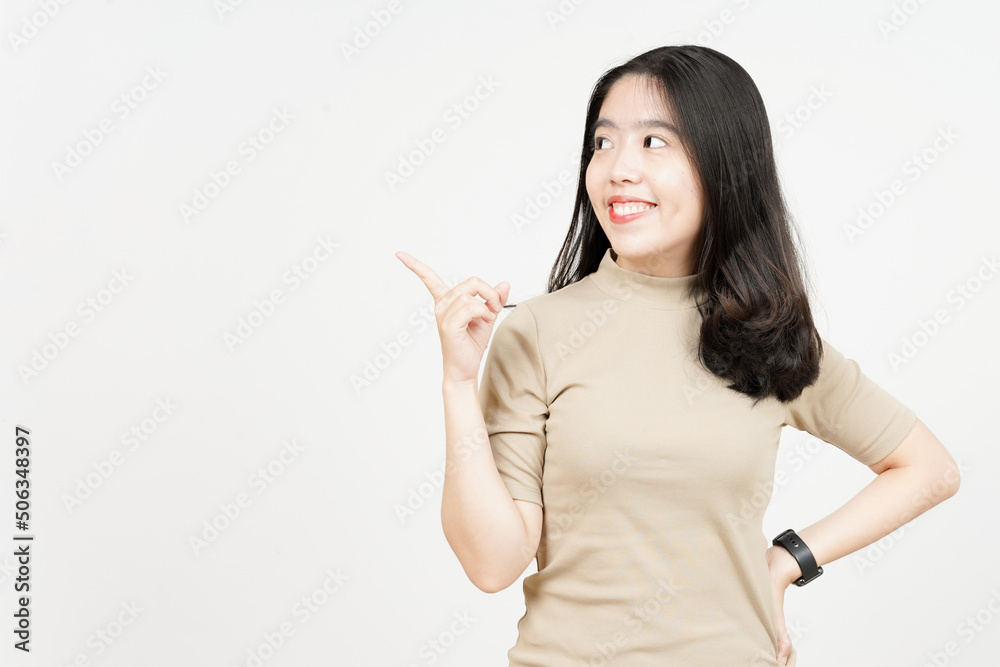 Showing Product and Pointing Side Of Beautiful Asian Woman Isolated On White Background Showing Product and Pointing Side Of Beautiful Asian Woman Isolated On White Background