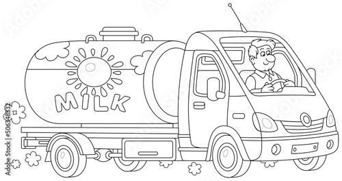 Small milk tank truck with a funny driver hurrying on a road from a farm to a dairy factory, black and white vector cartoon illustration for a coloring book page