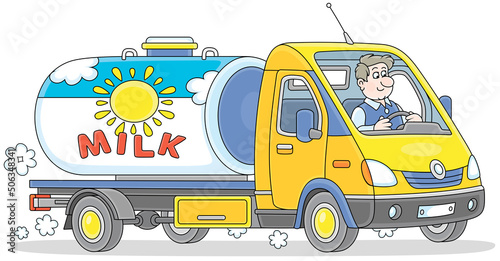 Fototapeta Naklejka Na Ścianę i Meble -  Small milk tank truck with a funny driver hurrying on a road from a farm to a dairy factory, vector cartoon illustration on a white background