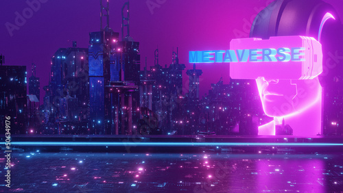 Metaverse VR Virtual Reality Man Glowing Neon Cyberpunk Blockchain Cityscape Wallpaper Background 3d Illustration