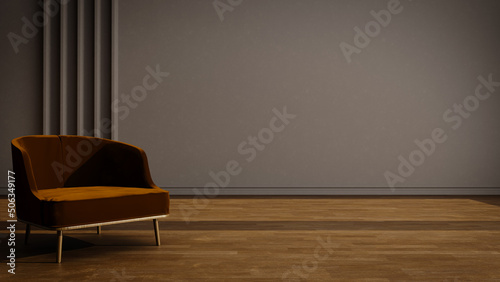 Room with wooden floor, dark wall and empty space with chair in the interior scene 3d render