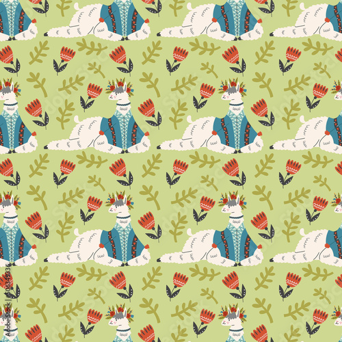Floral fluffy lying llama pattern. Alpaca character animal background hand drawn doodle naive vector art. Cute digital paper fabric textile wallpaper 