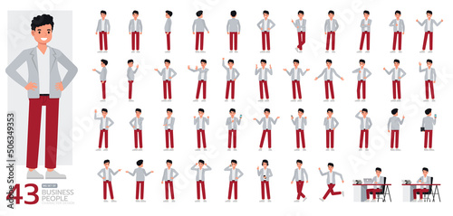 Big Set of Man wear grey suit color character vector design. Presentation in various action. People working in office planning, thinking and economic analysis.