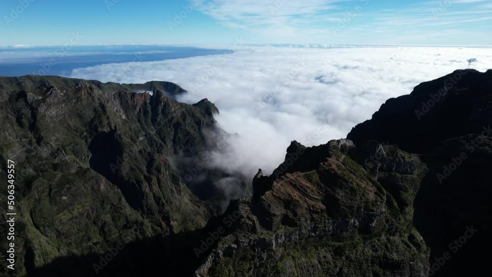 downward shot flying over pico arieiro peaks above a carpet of clouds in malaga downward shot flying over pico arieiro peaks above a carpet of clouds in malaga