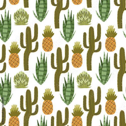 Green cactus ananas succulent pattern. Nature botanical western cactus background hand drawn doodle naive vector art. Cute digital paper fabric textile wallpaper 