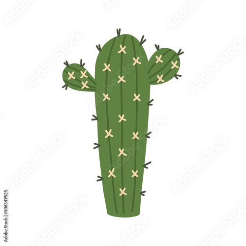 Green cactus with yellow prickles doodle. Doodle hand drawn western plant element naive vector art on white isolated background