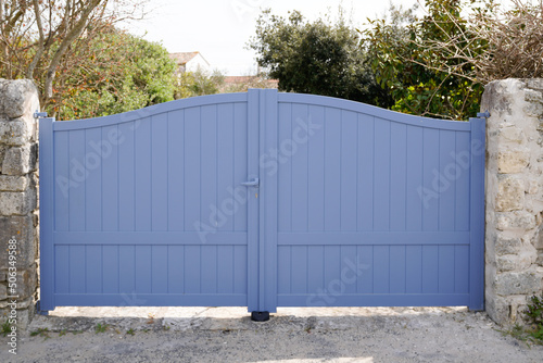 door grey steel high gate aluminum portal of home suburbs house in street view