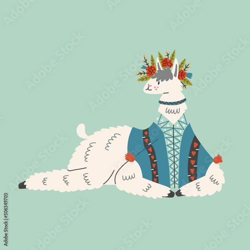 Lying Mexican floral fluffy llama character on blue background. Alpaca animal hand drawn doodle naive design vector art clipart illustration