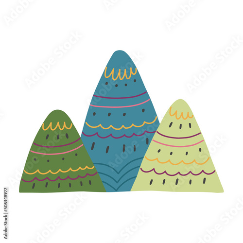 Ornamental green blue sweet mountains hand drawn doodle naive design vector art clipart illustration