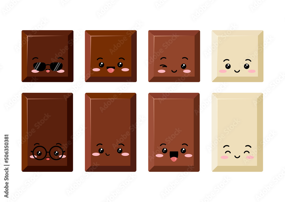 Cute chocolate bar piece emoji character icon set. Yummy dark, bitter,  milky and white choco part with face. Square and rectangular shape flat  cartoon kawaii cacao sweet food vector kids illustration. Stock