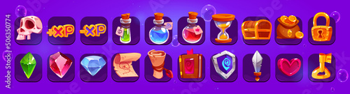 Cartoon game icons gold key, skull, xp, golden padlock, treasure chest and money sack. Potion bottles, hourglass, gem stones and parchment, spell book, shield and heart Vector gui graphics collection