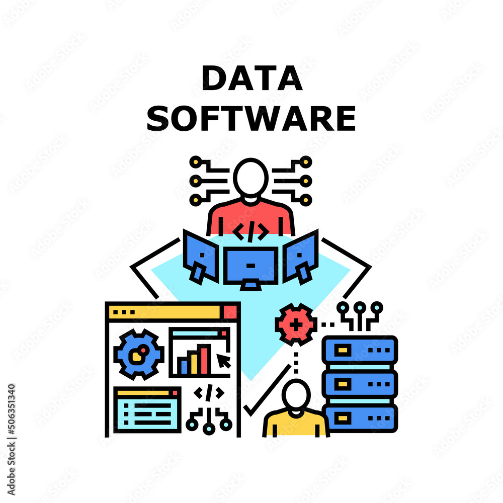 Naklejka premium Data Software Vector Icon Concept. Data Software Developing Programmer And Coding On Computer, It Worker And Technician Technology Development And Support. Server Performance Check Color Illustration