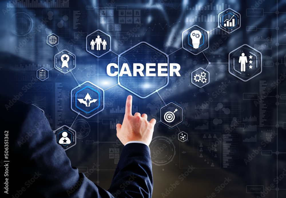 Career Inscription and people icons on virtual screen. Businessman pressing Career Career Inscription and people icons on virtual screen. Businessman pressing Career