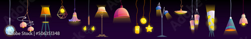 Lamps, ceiling and floor glowing electric bulbs, incandescent modern light equipment, lightbulbs, torchere of different shapes and design isolated on black background. Cartoon vector illustration, set