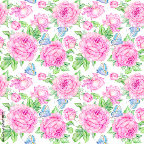 Floral seamless pattern botanical pink Roses flowers. Watercolor hand painting beautiful blooming realistic bouquet. Vintage background. For used wallpaper design  textile fabric or wrapping paper