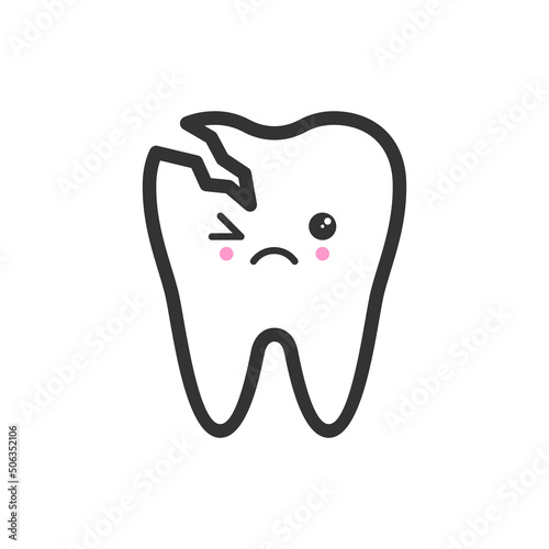 Broken tooth with emotional face, cute vector icon illustration