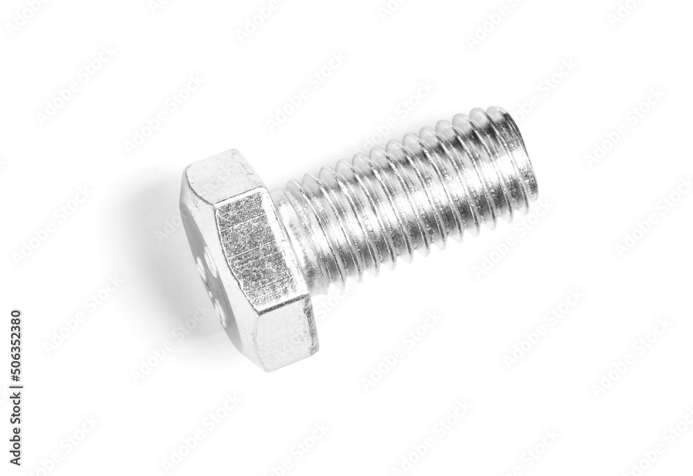One metal bolt on white background, top view