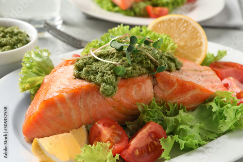 Tasty cooked salmon with pesto sauce and fresh salad on plate, closeup
