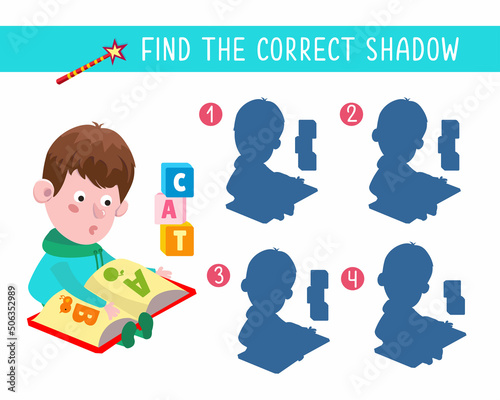 Find correct shadow. Game for children. Activity, vector illustration. Cute little boy reads book.