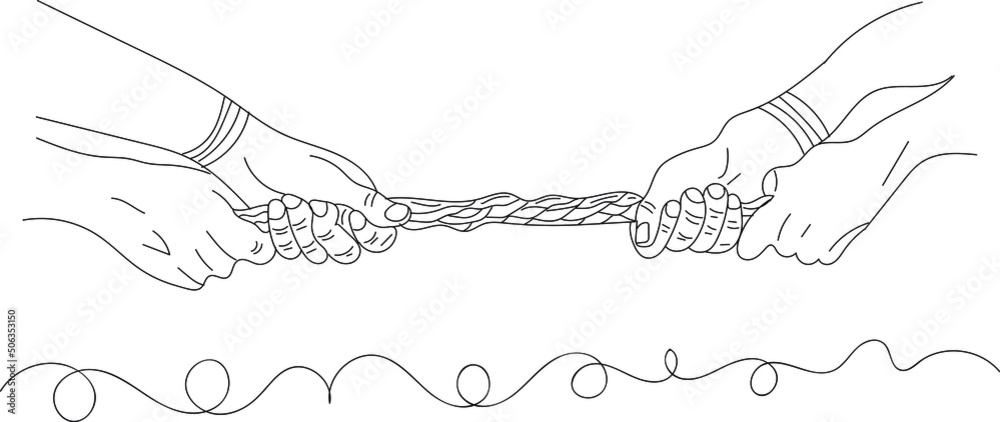 Tag of war Logo, Outline sketch drawing of two hand holding rope and stretching, line art illustration vector silhouette of hand holding rope hardly