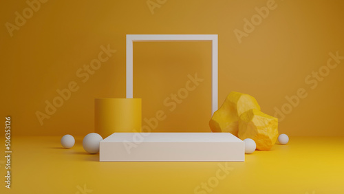 3D rendering of yellow podium with stone on yellow background. Beautiful minimal scene for products display. Square white stage with sphere ball in studio.