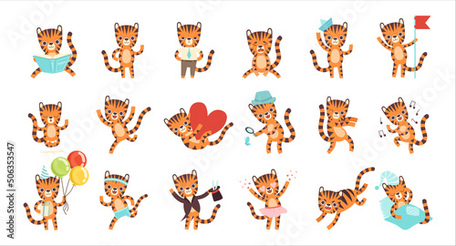 Cute Little Tiger Character with Striped Coat Engaged in Different Activity Vector Big Set © topvectors