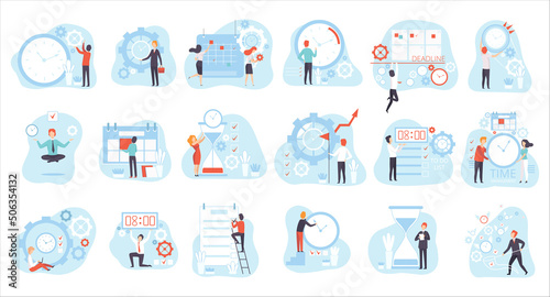 Effective Time Management with People Organizing Time on Clock and Calendar Vector Big Set