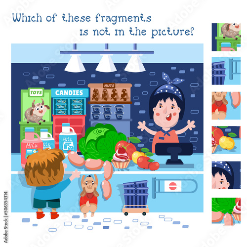 Find hidden fragments. Game for children. Vector color illustration. Cartoon characters in market. Cute boy and dog buy food in store. 