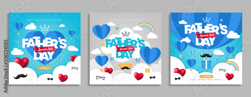 Fathers day sale social media banner post template. Fathers day celebration flyer or invitation poster cover with love or heart balloon, gift box, cloud and rainbow. Business marketing web banner. 