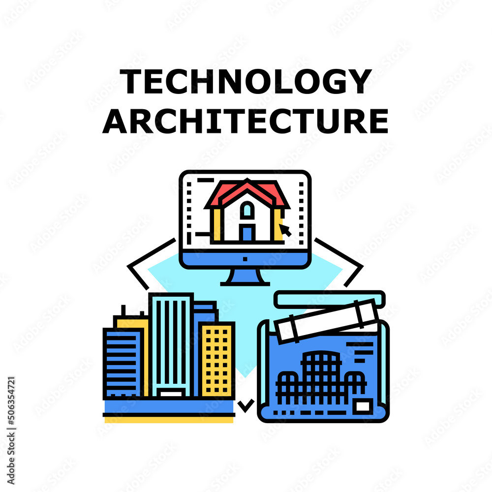 Fototapeta premium Technology Architecture Vector Icon Concept. Computer Software And Blueprint With Equipment, Technology Architecture For Create Building Exterior And Design. Architectural Business Color Illustration