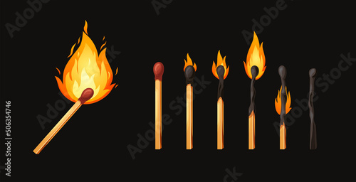 Burnt match stick with fire. Set of matchsticks with sulfur head flaming stages from ignition to extinction. Cartoon spark bonfire vector illustration