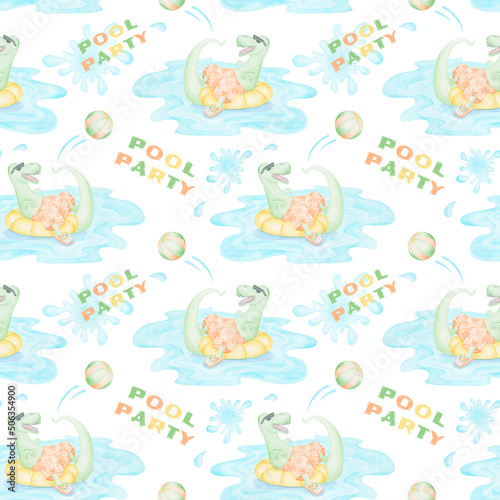 Watercolor pool party background. Dinosaur in pool wallpaper.