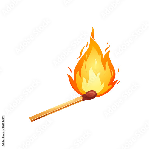 Burnt match stick with fire. Whole, ignite wooden matchstick. Cartoon safety isolated on white background. Vector