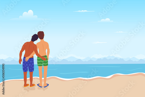 two gay guys or friends on beach LGBT pride