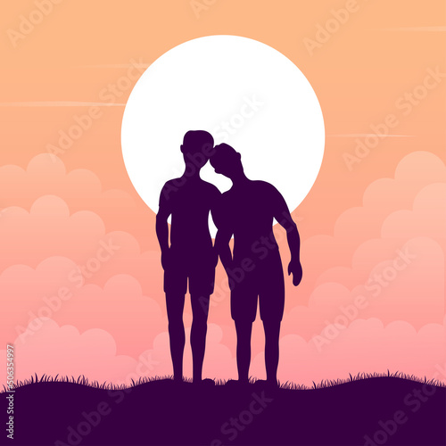 two gay guys or friends silhouette LGBT flag pride