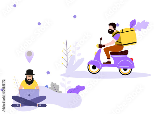 food delivery app tracking moped courier with ready food, technology and logistics concept, city skyline in background