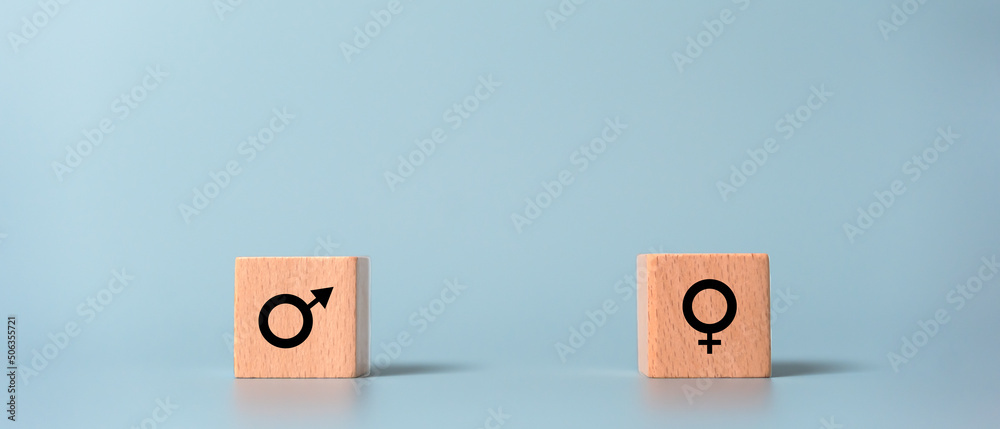 Man and Woman equality concept using wooden blocks. Campaign of equal rights of male and female. Man and Woman equality concept using wooden blocks. Campaign of equal rights of male and female.