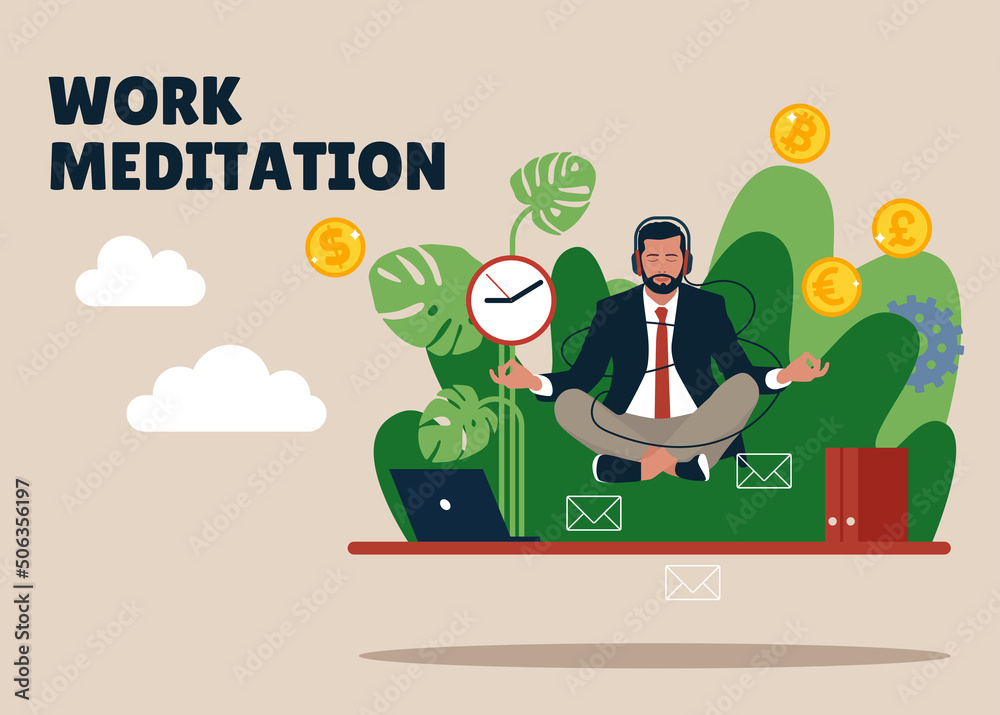Work meditation. Stressful businessman, yoga character. Manager sitting on office table in lotus pose vector illustration