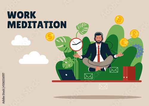 Work meditation. Stressful businessman, yoga character. Manager sitting on office table in lotus pose vector illustration