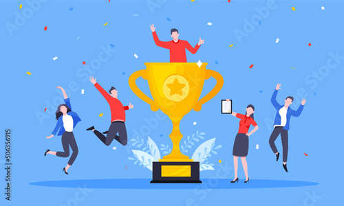 Happy business employee team winners award ceremony flat style design vector illustration. Employee recognition and best worker competition award team celebrating victory winner business concept.