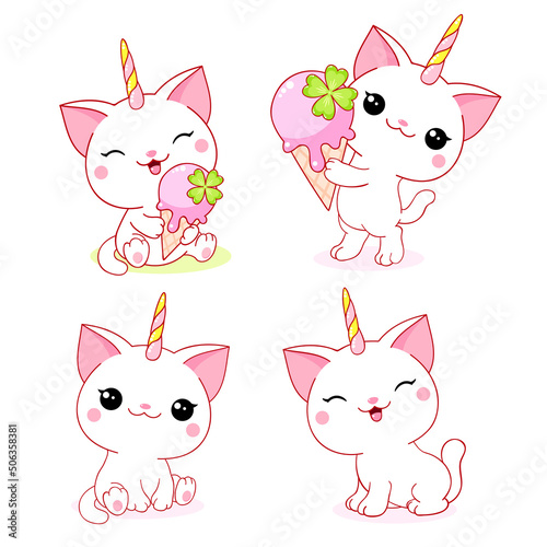 Caticorn set in kawaii style. Little unicorn cat with ice cream. Happy white kitten unicorn. Collection of cartoon magic characters. Vector illustration EPS8
