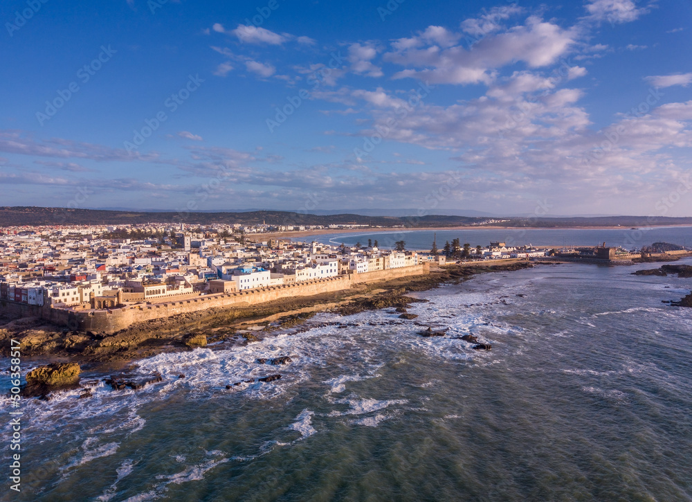 Aerial view of medieval Essaouira old city on Atlantic coast at sunset, Morocco